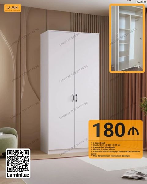 İki qapılı dolab - Model kodu: 1699 - Ölçü: 47 d 200 h 90 e (sm) — Bakı