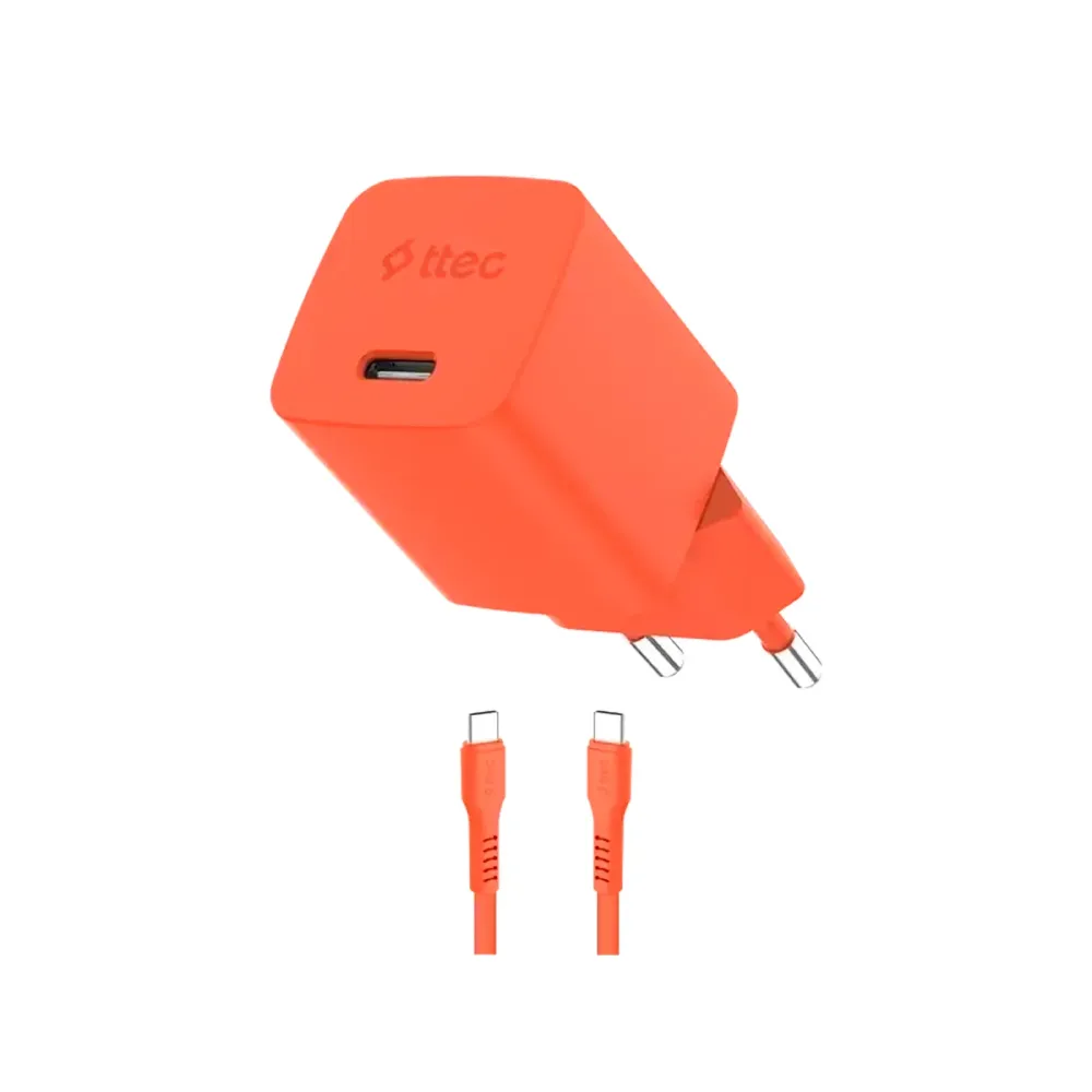 Adapter Ttec SmartCharger GaN 45W PD Usb-c - Usb-c 3A Cable, Neon Orange (2SCG45CNT) — Bakı