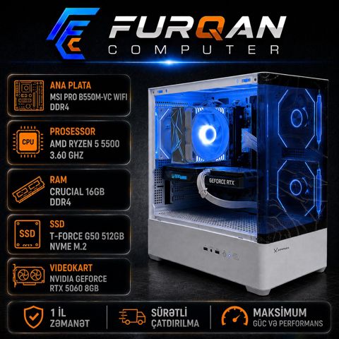 Gaming PC Ryzen 5 5500 3.60 ghz RTX 5060 8GB SSD 512GB NVMe M.2 RAM 16GB DDR4 — Bakı
