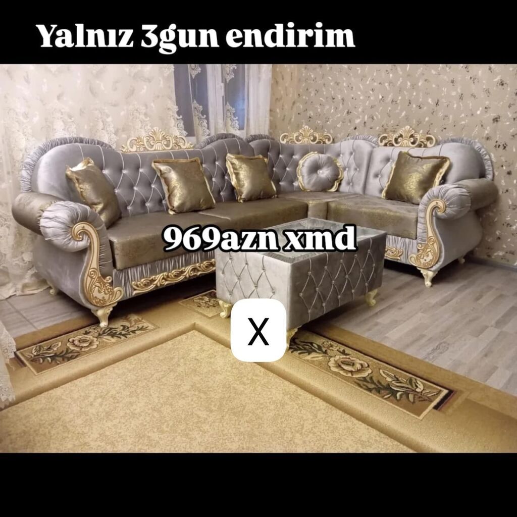 Künc divan dəsti – klassik barokko üslubunda, bozumtul məxməri parça — Yumşaq mobilya dəstləri, Bakı
