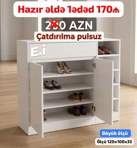 Böyük ölçülü ayaqqabı dolabı - Rəng: ağ - Ölçü: 120 100 35 sm — Bakı