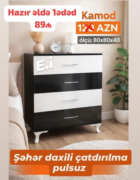 Kamod – qara/ağ rəng kombinində, 4 çekmecəli. Ölçü: 80x80x40 sm — Bakı
