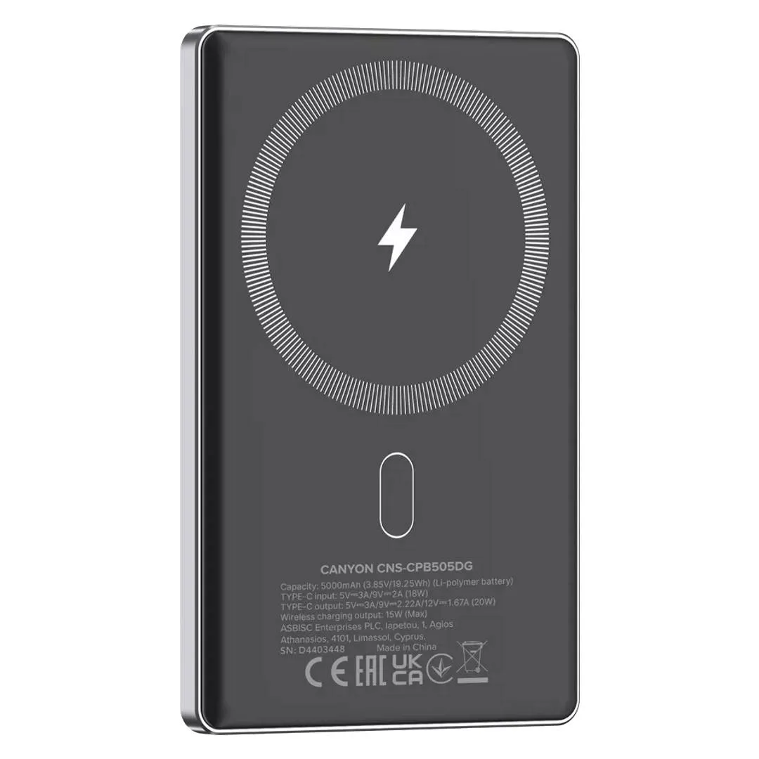 Simsiz Power Bank Canyon OnPower 505 slim Magnetic, 5000 mAh, PD20W, Dark Grey (CNS-CPB505DG) — Smart home