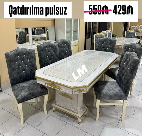 Yemək otağı dəsti: 1 masa + 6 stul - Rəng və üslub: ağ-qızılı — Bakı