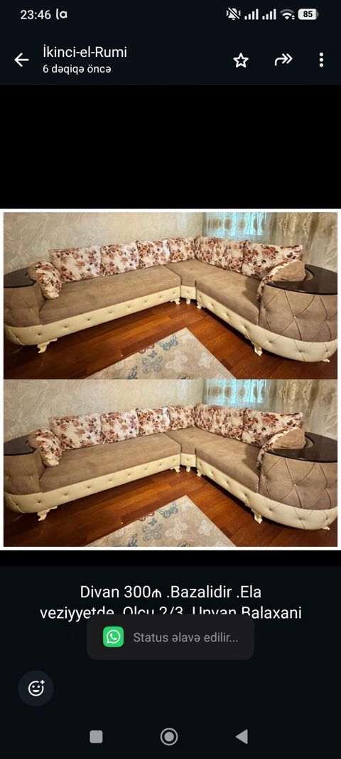 Divan 300₼ .Bazalidir .Ela veziyyetde .Olcu 2/3 .Unvan Balaxani