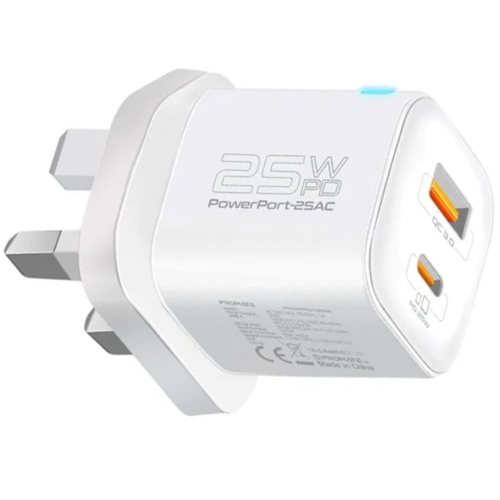 Adapter Promate Power Delivery 25W Dual Port USB Type-C, USB Type-A PowerPort-25AC White — Mallar, Bakı (3)