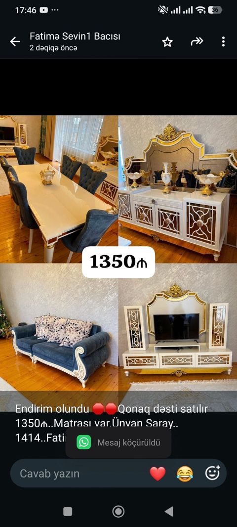 Endirim olundu Qonaq dəsti satılır 1350₼. Matrası var.Ünvan Saray — Bakı