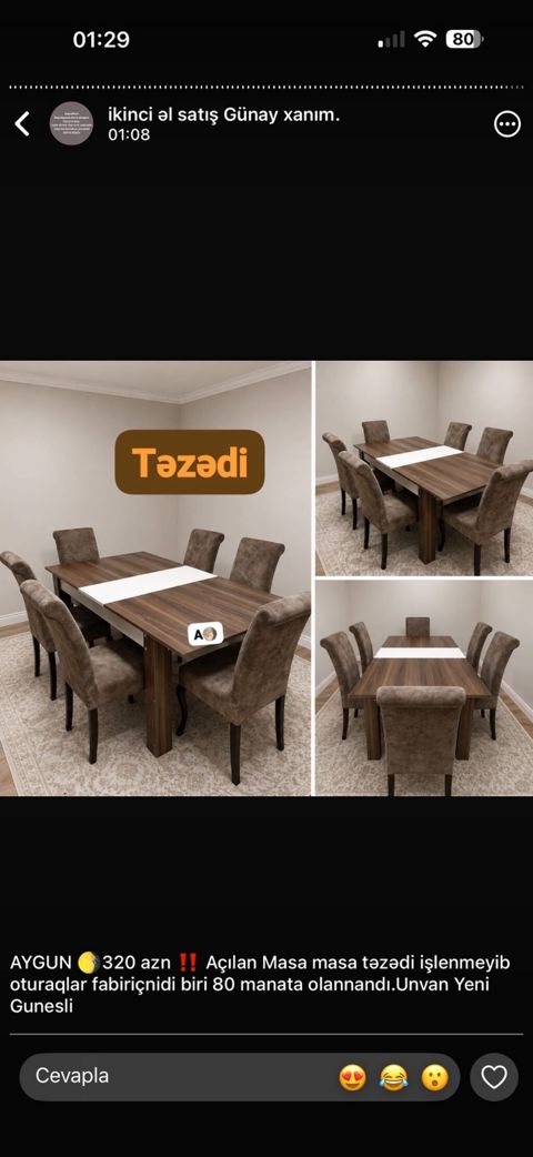 Qonaq otağı üçün, Yeni, Açılan, Dördbucaq masa, 6 stul — Saray