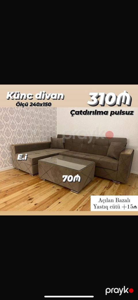 Künc divan – ölçü 240x150 - Açılan bazalı - Rahat oturma yeri, yumşaq — Bakı