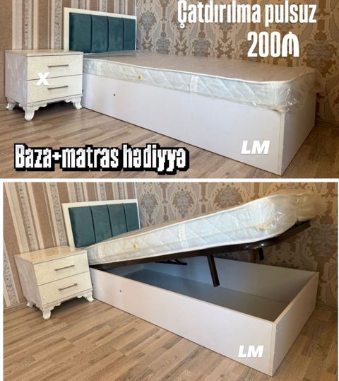 Tək nəfərlik çarpayı – bazalı model - Rəng: ağ baza, yaşıl başlıq — Bakı