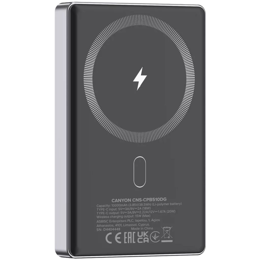 Power Bank Canyon OnPower 510 Slim Magsafe 10000 mAh Dark Grey PD20W — Powerbank-lər, Bakı (3)