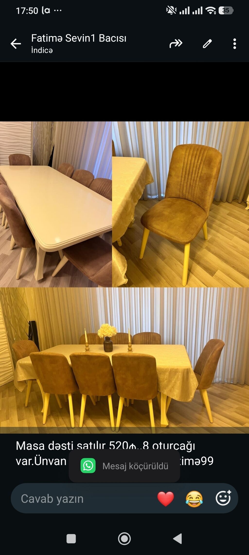 Masa dəsti satılır 520₼. 8 oturcağı var.Ünvan Nərimanov. 6036 — Masalar və stullar, Bakı