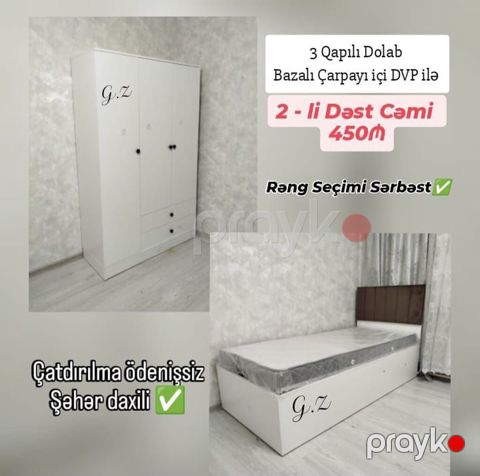 2-li yataq otağı dəsti: 3 qapılı dolab + bazalı çarpayı (içi DVP) - 3 — Bakı