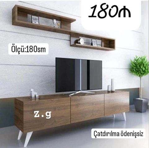 TV stendi və divar rəfi dəsti - Ümumi ölçü: 180 sm - Material: ağac — Bakı
