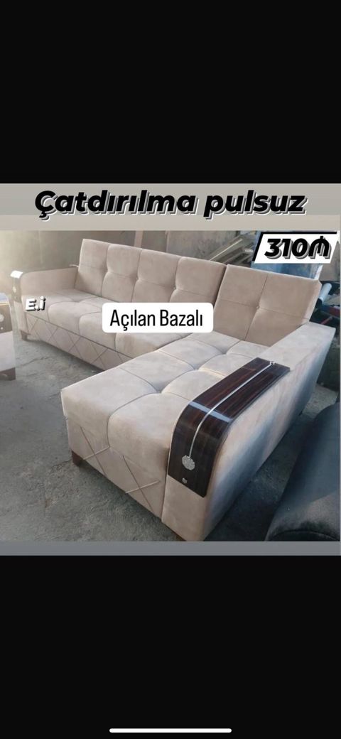 Künc divan – açılan bazalı model. Yumşaq bej rəngli parça üzlük — Bakı