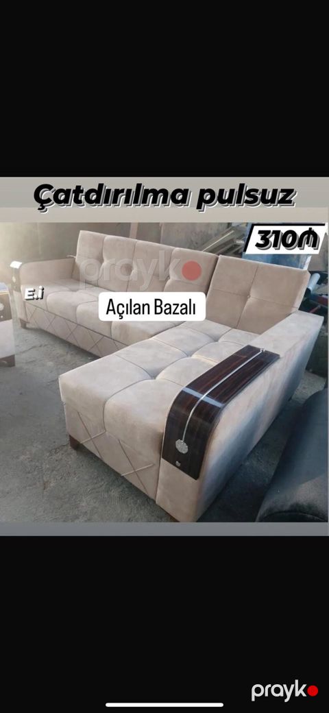 Künc divan – açılan bazalı model. Yumşaq bej rəngli parça üzlük