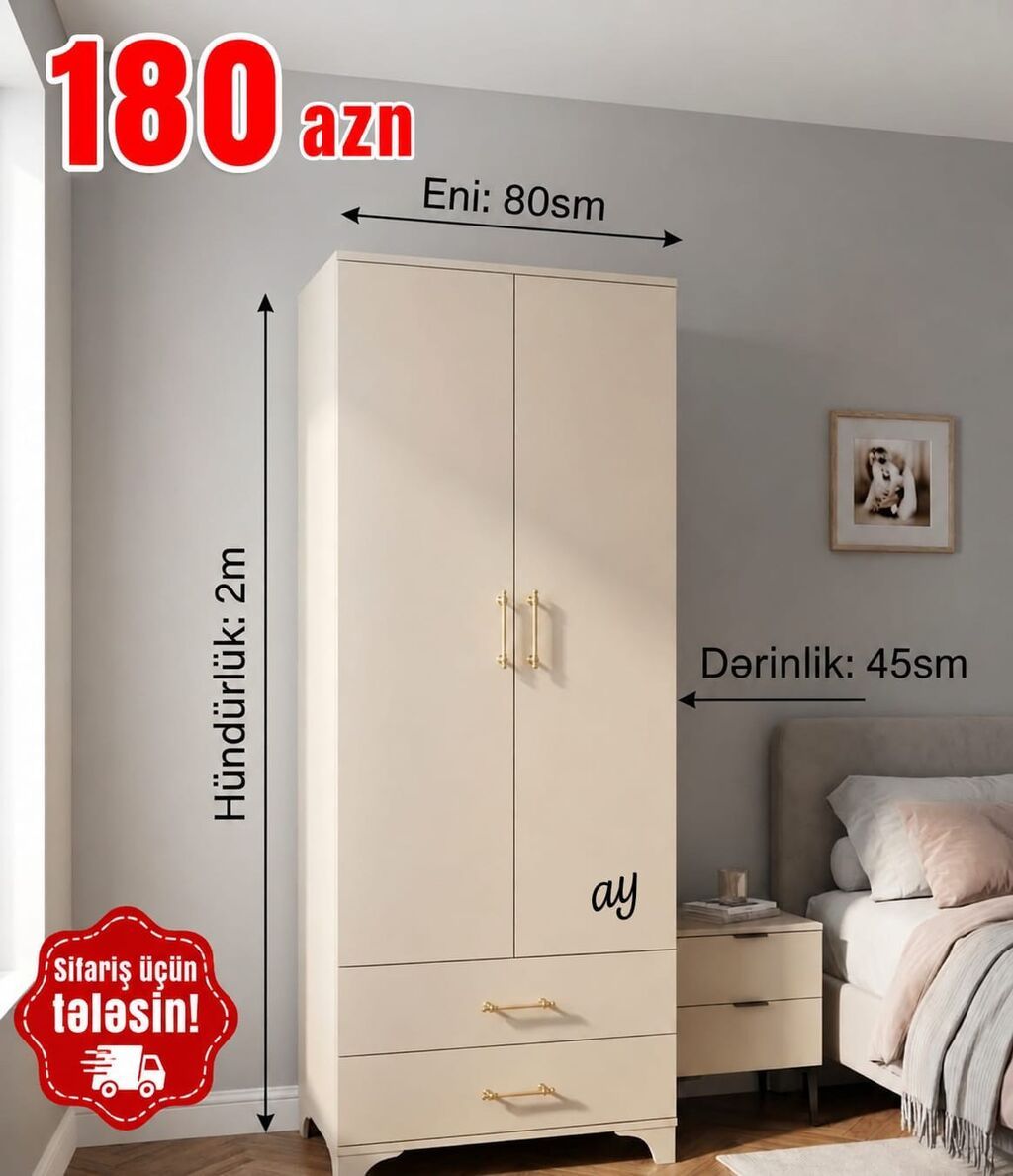 İki qapılı paltar dolabı - Ölçülər: hündürlük 2 m, eni 80 sm — Mebel, Bakı