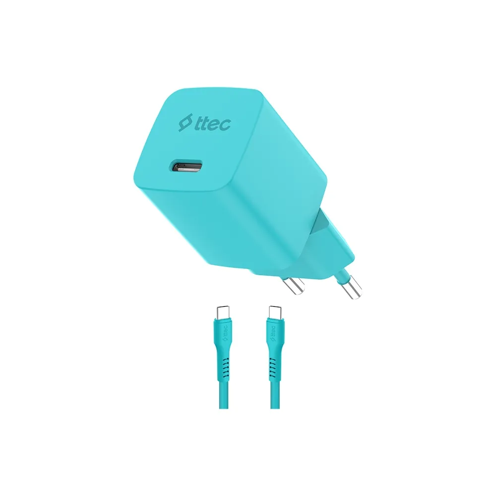 Adapter Ttec SmartCharger GaN 45W PD, Usb-c–usb-c 3A Cable, Neon Blue (2SCG45CNM) — Bakı