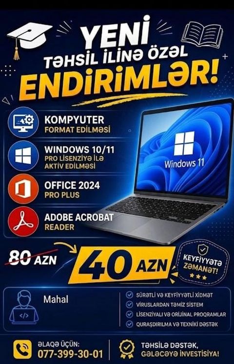 Yeni təhsil ilinə özəl kompüter xidmət paketi Tərkib: - Kompüterin — Bakı
