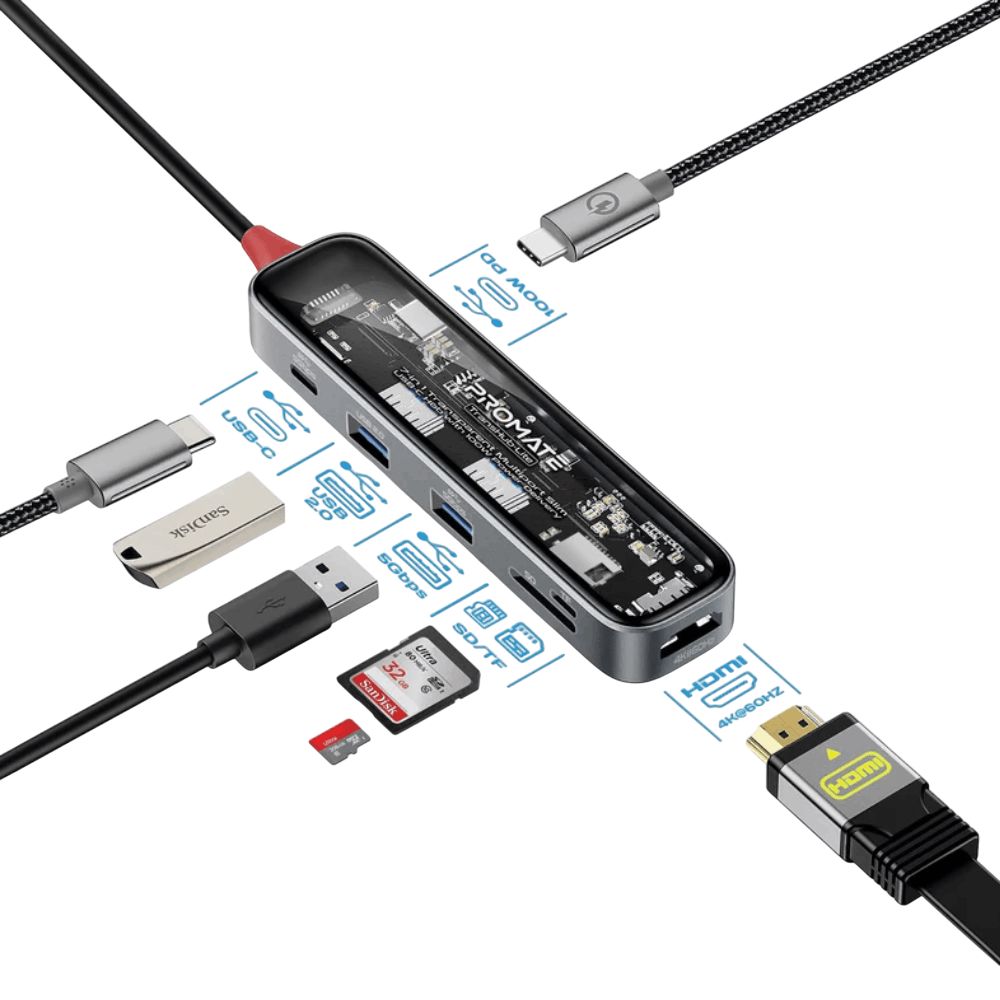 USB Hub Promate 7in1 USB Type-C Transhub-lıte Black, Grey — Kompüterlər və noutbuklar, Bakı (2)