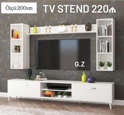 TV stend dəsti – ölçü: 200 sm. Ağ rəngli modern dizayn. Tərkibi — Bakı