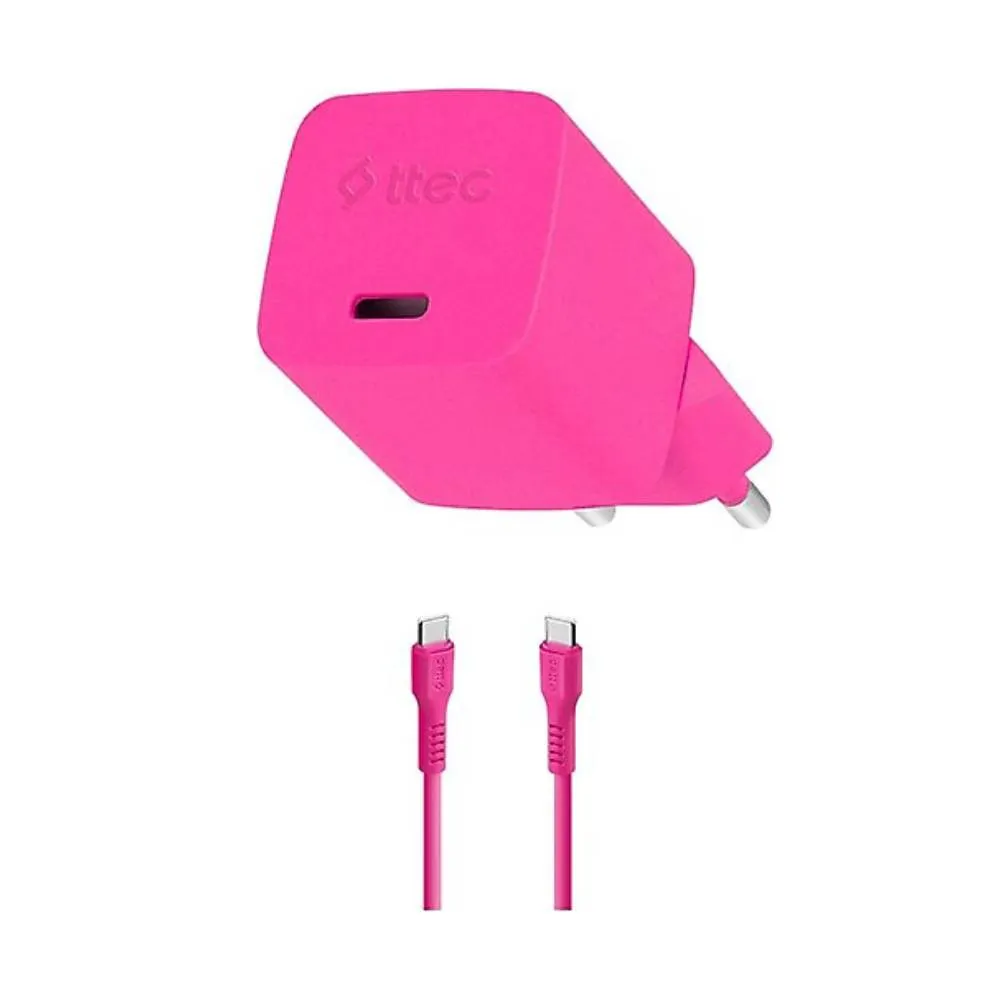 Adapter Ttec SmartCharger GAN 20W PD Travel Fast Charger + Usb-c - Usb-c 3A Cable 120cm, Neon Pink (2SCG20CNP) — Bakı
