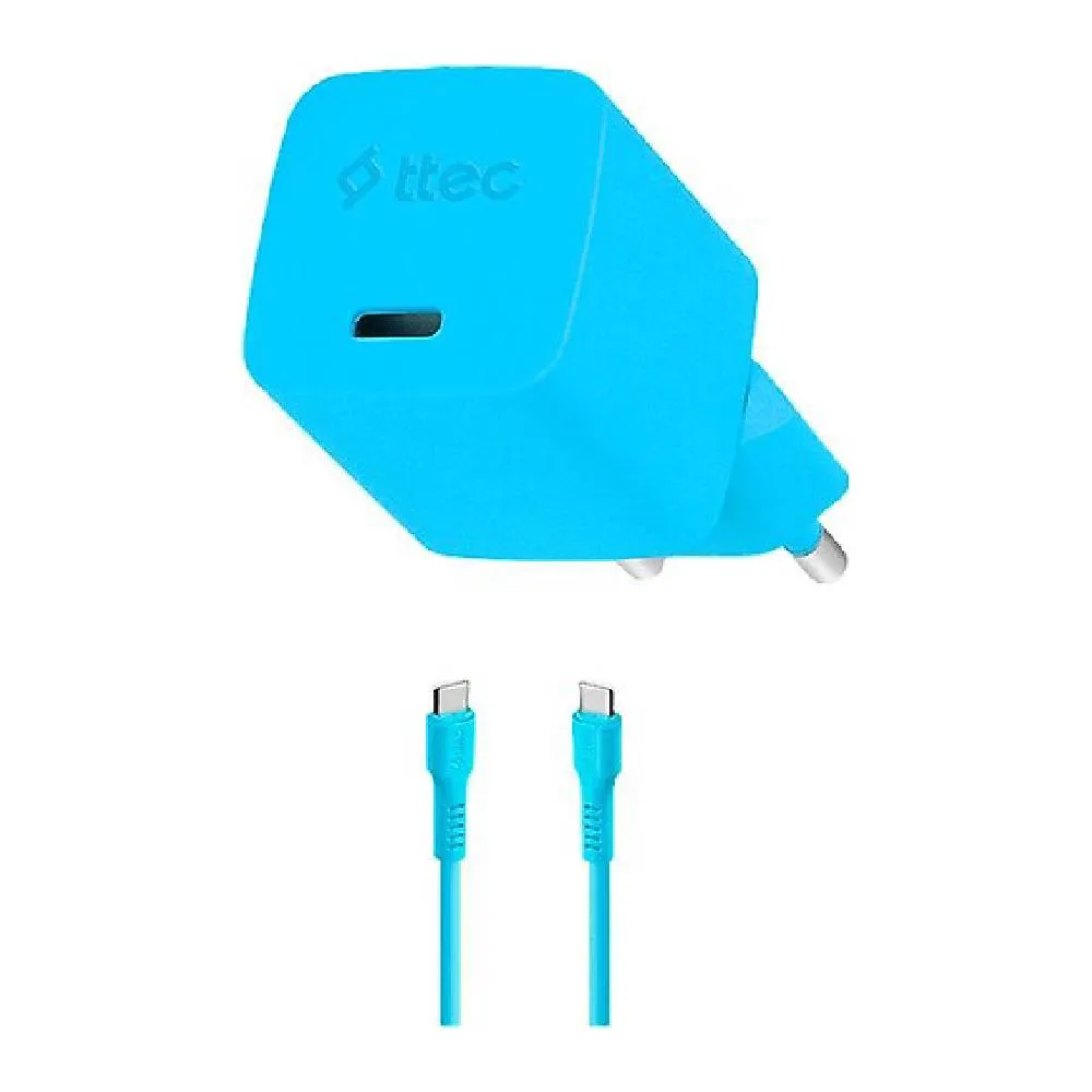 Adapter Ttec SmartCharger GAN 20W PD Travel Fast Charger + Usb-c - Usb-c 3A Cable 120cm, Neon Blue (2SCG20CNM) — Bakı