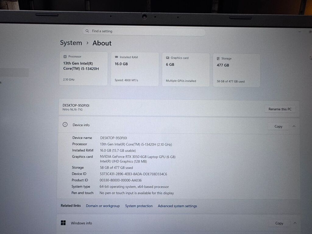 İşlənmiş Acer Nitro, 15.6 Intel Core i5, 512 GB, Ünvandan götürmə — Acer, Bakı (10)