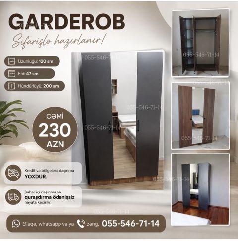 Garderob – sifarişlə hazırlanır - Ölçülər: uzunluğu 120 sm, eni 47 — Bakı