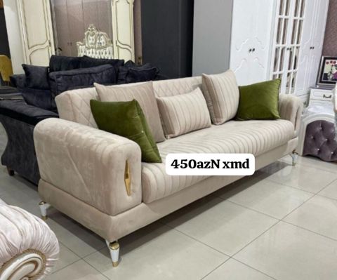 Bej rəngli, müasir dizaynlı 3 nəfərlik divan - Yumşaq, məxməri — Bakı