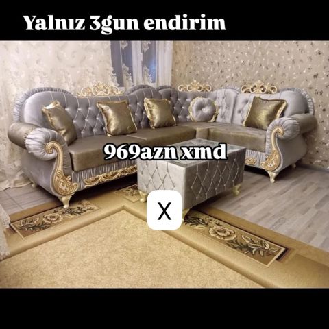 Künc divan dəsti - Klassik üslubda, qızılı naxışlı dekor elementləri — Bakı