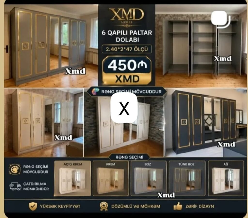 6 qapılı paltar dolabı – XMD Mebel Ölçü: 2.40 m (eni) x 2 m — Şkaflar, Bakı