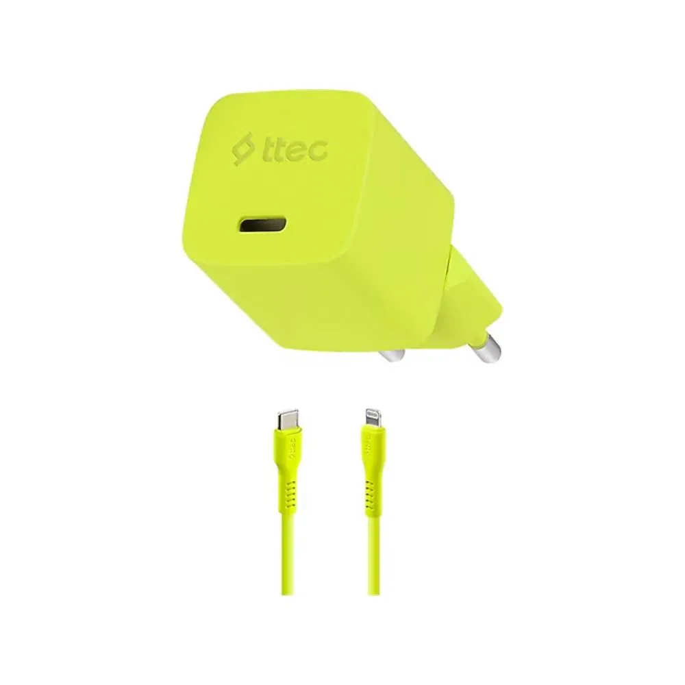 Adapter Ttec SmartCharger GAN 20W PD Travel Fast Charger + Usb-c - Lightning Cable 120cm, Neon Yellow (2SCG20LNS) — Bakı