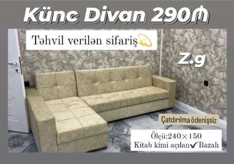 Künc divan – 290₼ - Ölçü: 240 150 sm - Kitab kimi açılan mexanizm — Bakı