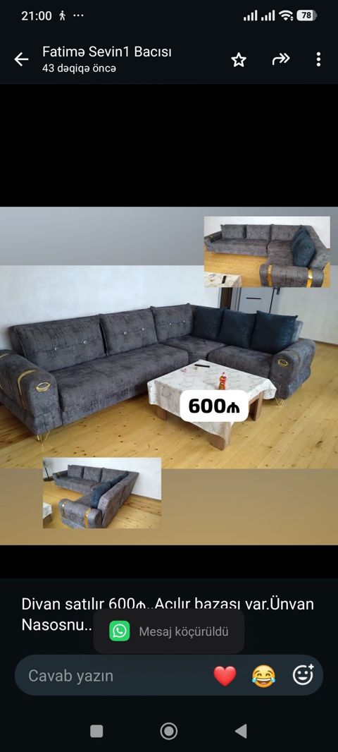Divan satılır 600₼. Açılır bazası var.Ünvan Nasosnu. 5352. Fatimə99 — Bakı