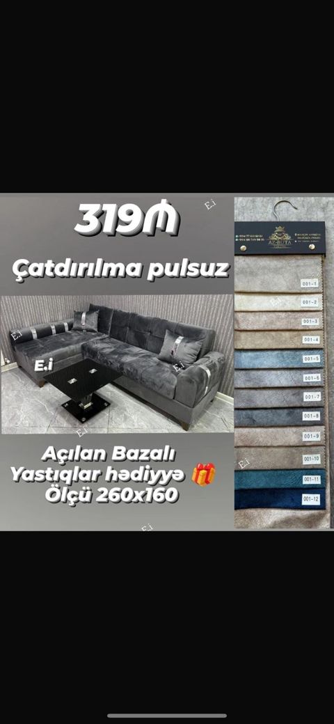 Künc divan dəsti – açılan, bazalı model. - Ölçü: 260x160 sm — Bakı