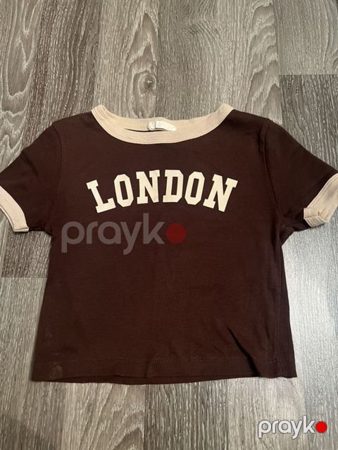 Qısaqol qadın/kid t-shirt – “London” yazılı - Rəng: tünd qəhvəyi, bej