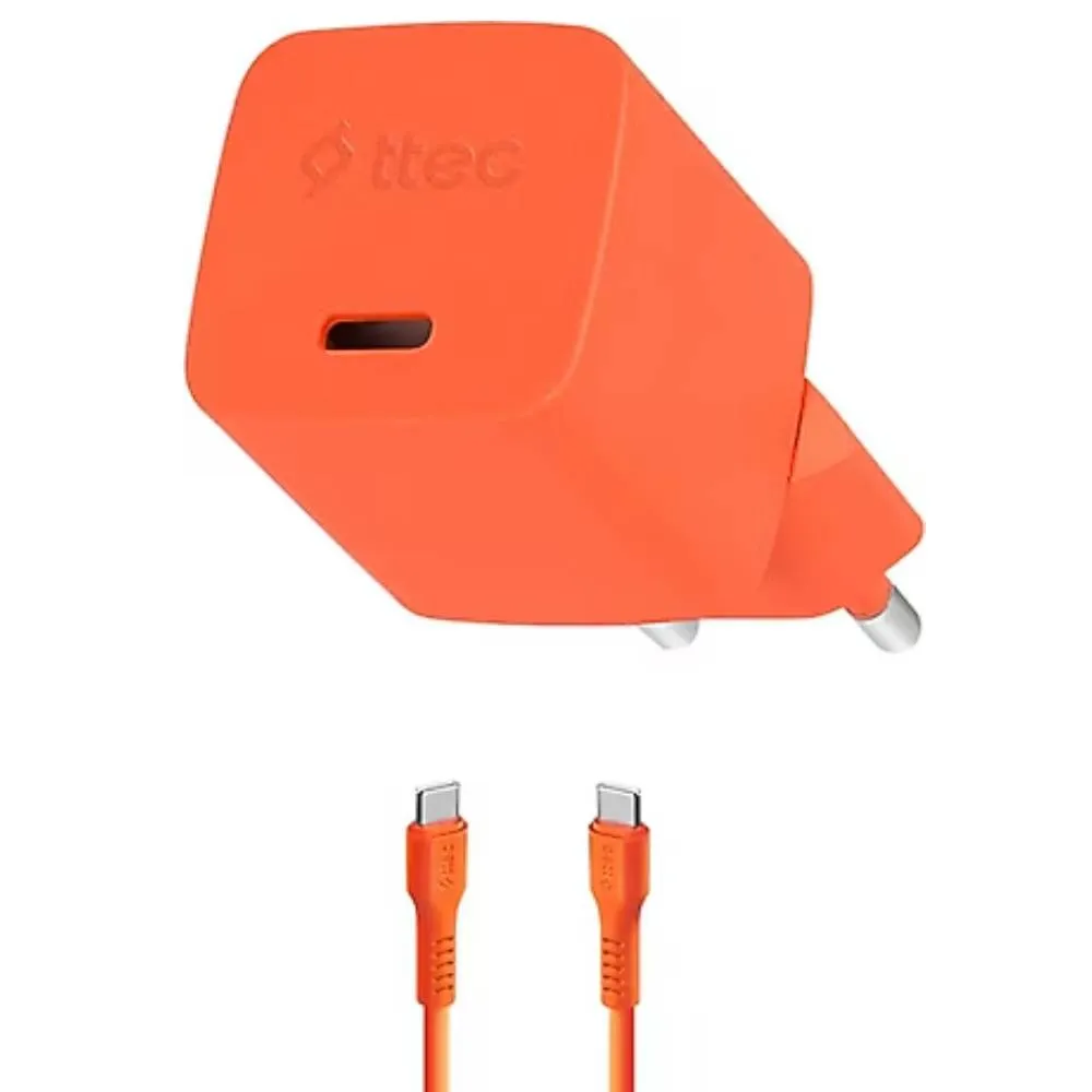 Adapter Ttec SmartCharger GAN 20W PD Travel Fast Charger + Usb-c - Usb-c 3A Cable 120cm, Neon Orange (2SCG20CNT) — Bakı