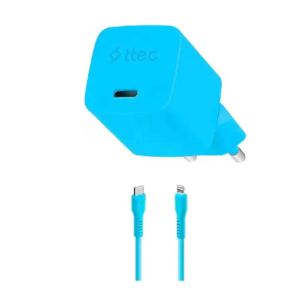 Adapter Ttec SmartCharger GAN 20W PD Travel Fast Charger + Usb-c - Lightning Cable 120cm, Neon Blue (2SCG20LNM) — Bakı