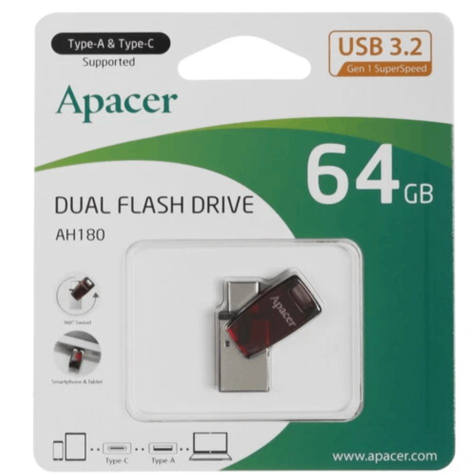 Fleş kart Apacer 64 GB USB 3.2 Gen 1 Type-C Red AH180 / AP64GAH180R-1 — Kompüterlər və noutbuklar, Bakı (2)