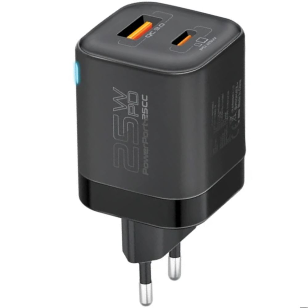 Adapter Promate 25W USB Type-C, USB Type-A with 60W Cable PowerPort-25CC Black — Mallar, Bakı (2)