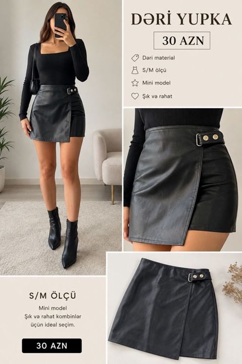 Dəri yupka – mini model Qiymət: 30 AZN Məhsul təsviri: - Material — Bakı