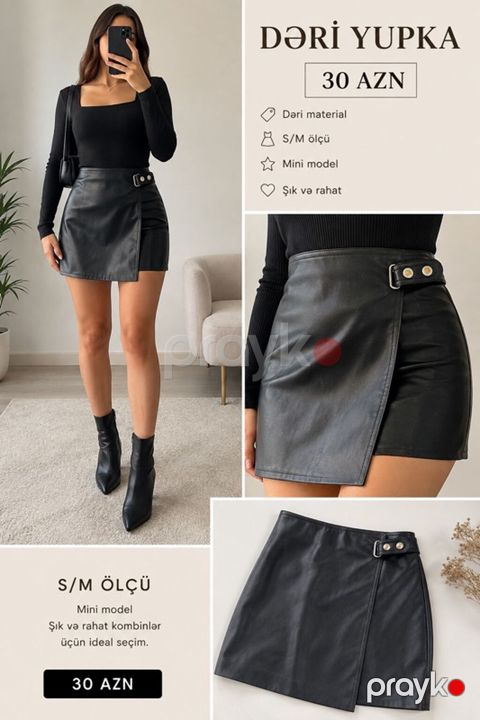 Dəri yupka – mini model Qiymət: 30 AZN Məhsul təsviri: - Material — Bakı
