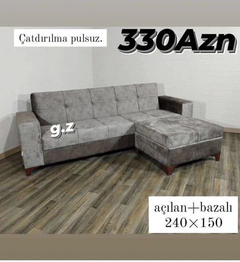 Künc divan – açılan və bazalı model - Ölçü: 240 150 sm - Rəng: boz — Bakı