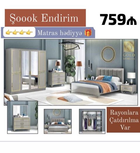 Yataq otağı dəsti – modern dizayn, boz-qızılı tonlar Dəst tərkibi — Bakı