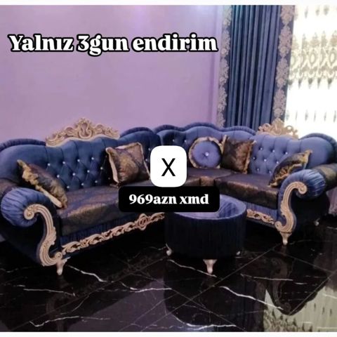 Klassik üslublu künc divan dəsti - Rəng: tünd mavi (royal blue) — Bakı
