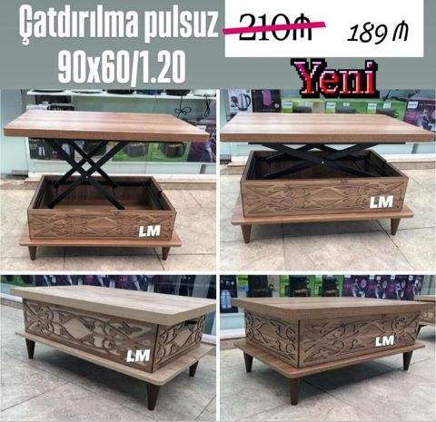 Çevrilə bilən jurnal/çay masası - Ölçü: 90×60 sm, açıldıqda 1.20 m — Bakı