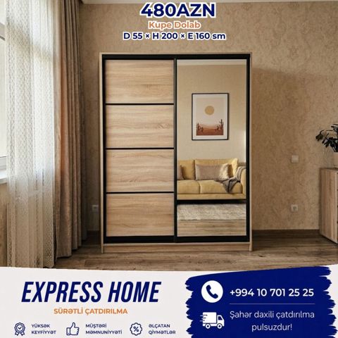 Yeni, 2 qapılı, Güzgülü, Kupe, Düz dolab — Bakı