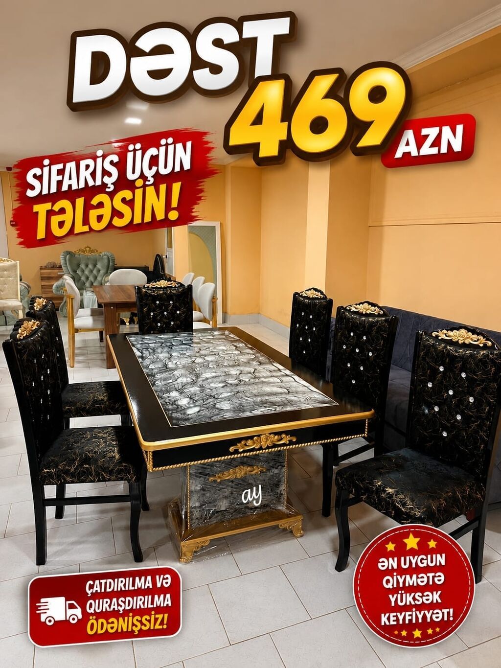 Yemək otağı mebel dəsti - Dəst: masa + 6 stul - Masa: dikdörtgən — Mebel, Digah