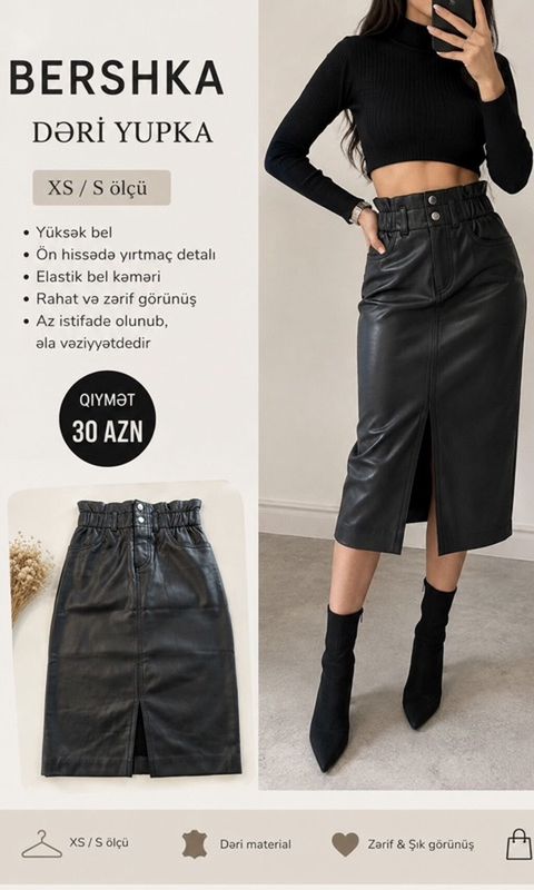 Bershka dəri yubka - Ölçü: XS / S - Yüksək bel - Ön hissədə yırtmac — Bakı